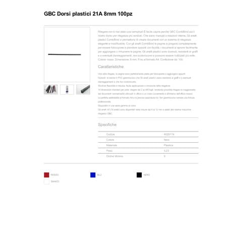 Dorsi plastici a 21 anelli GBC CombBind 8 mm A4 nero - fino a 45 fogli conf da 100 dorsi - 4028174
